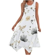 Rvkxad Summer Dress for Women Sleeveless Boho Loose Crew Neck Dresses Travel Vacation Flowy Floral Print A-Line Swimsuit Coverups Midi Dress White L