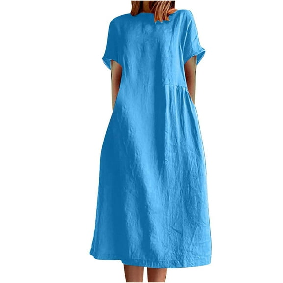 Rvkxad Summer Dresses for Women 2025 Cotton Linen Round Neck Sundresses Beach Vacation Loose Flowy Short Sleeve A-Line Solid Color Maxi Dress Blue 3XL