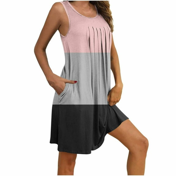 Rvkxad Summer Dresses for Women 2025 Vacation Color Block Sleeveless Loose Swimsuit Coverup Boho A Line Nightdress Summer Beach Crew Neck Flowy Mini Dresses Pink S