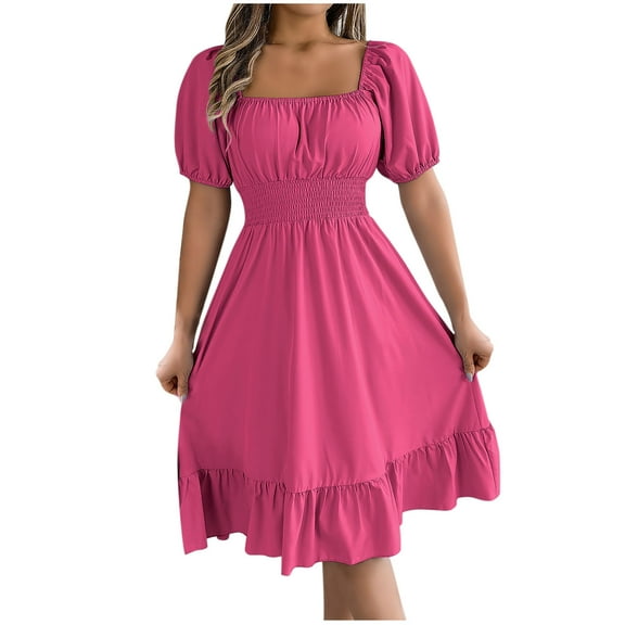 Rvkxad Summer Dresses for Women Under $10 Square Neck A-Line Ruffle Short Lantern Sleeve Dresses Summer Elastic Waist Loose Flowy Dress Hot Pink