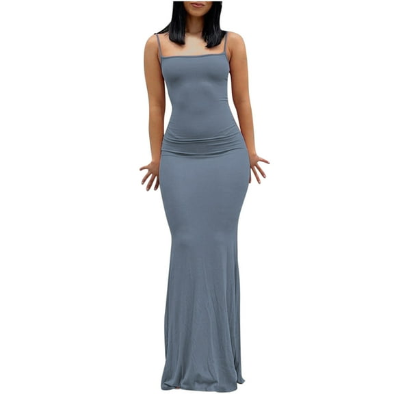 Rvkxad Summer Dresses for Women 2025 Maxi Bodycon Dress Sexy Slim Fitting Spaghetti Strap Dress Club Party Tight Slip Sleeveless Long Dresses Blue S
