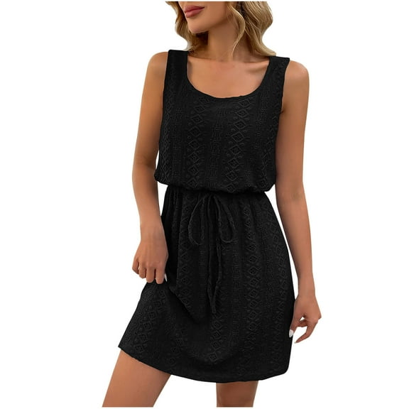 Rvkxad Summer Dresses for Women 2025 Sleeveless Basic Flowy Tie Front Loose Mini Dresses Beach Summer Round Neck A Line Dress Black