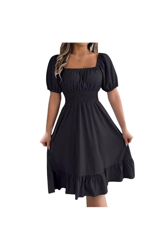 Summer Dresses for Women 2025 Vacation Square Neck Loose Flowy A-Line Elastic Waist Dresses Casual Ruffle Short Lantern Sleeve Dress Black