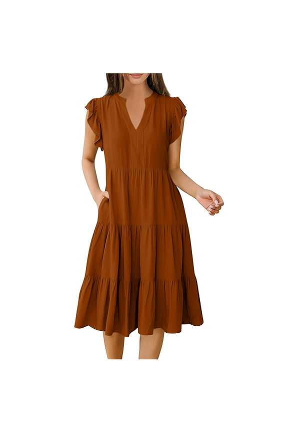 Summer Dresses for Women Boho Solid Smocked A-Line Midi Dresses Ruffle Sleeve V Neck Summer Loose Flowy Tiered Dress Orange L