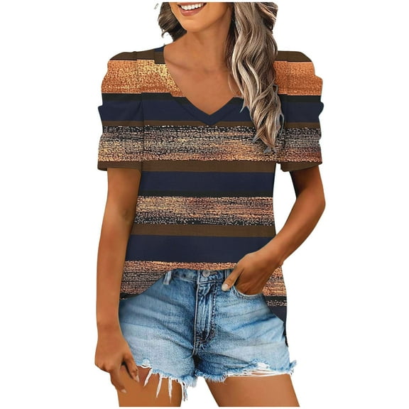 Rvkxad Summer Shirts for Women Casual Soft Puff Short Sleeve V Neck T-shirt Floral Print Smocked Elegant Fashion Casual Tunic Blouses Birthday Gifts for Her Black XXL