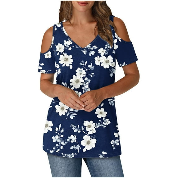 Rvkxad Summer Shirts for Women 2025 Casual Soft Short Sleeve Floral Print Tunic Cold Shoulder Loose Fit V Neck Blouses Tops Gifts for Woman Blue S