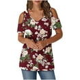 thumbnail image 1 of Rvkxad Summer Tops for Women 2025 Trendy Short Sleeve Tops Cold Shoulder Trendy V Neck Tunic Floral Print Fashion Blouses T-shirt Gifts for Her Red XL, 1 of 5