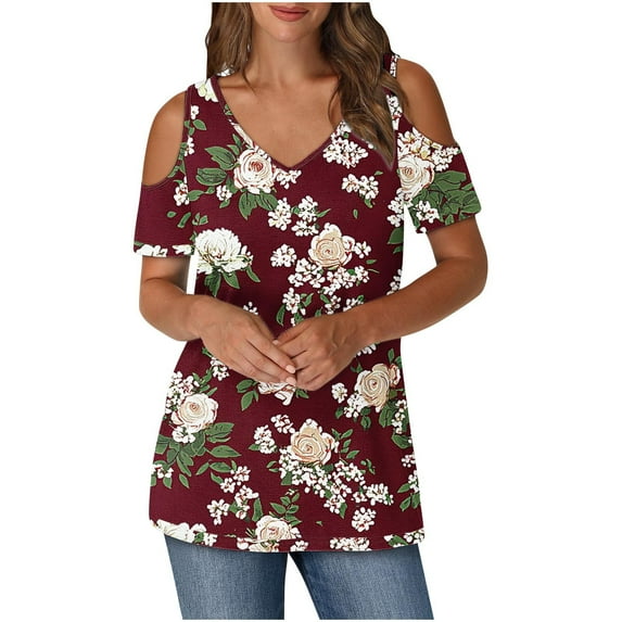 Rvkxad Summer Tops for Women 2025 Trendy Short Sleeve Tops Cold Shoulder Trendy V Neck Tunic Floral Print Fashion Blouses T-shirt Gifts for Her Red XL
