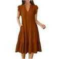 thumbnail image 1 of Rvkxad Sundresses for Women 2025 Ruffle Sleeve V Neck Smocked A-Line Midi Loose Flowy Tiered Summer Dress Boho Solid Dresses Orange M, 1 of 5
