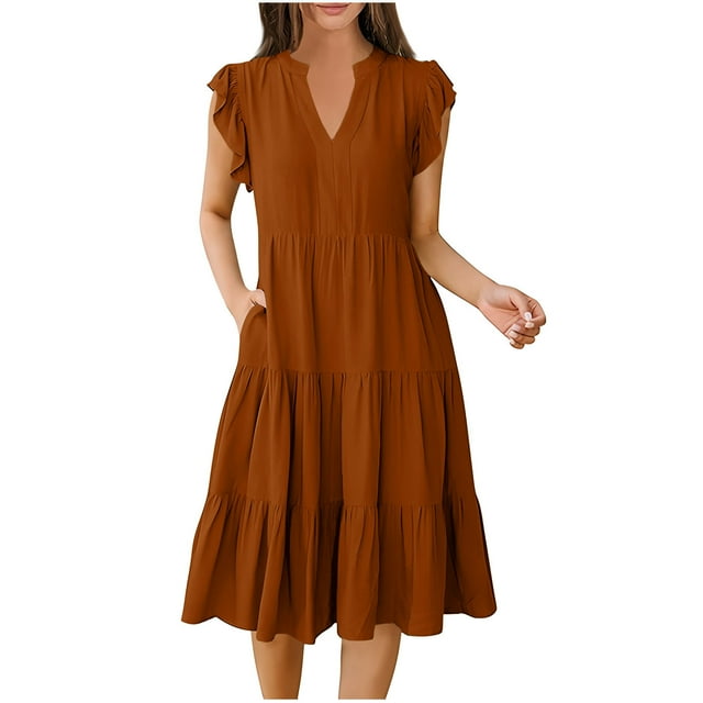Rvkxad Sundresses for Women 2025 Ruffle Sleeve V Neck Smocked A-Line Midi Loose Flowy Tiered Summer Dress Boho Solid Dresses Orange M
