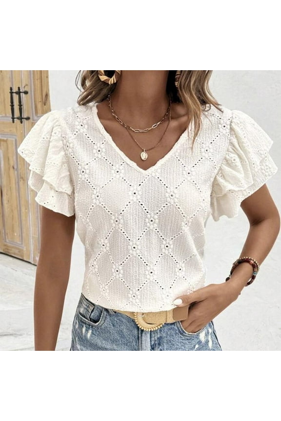 Trendy Tops for Women 2025 Dressy Casual Ruffle Sleeve Lace V Neck T-shirt Basic Tees Fashion Casual Blouses Eyelet Tops Shirts Womens Gifts White XL