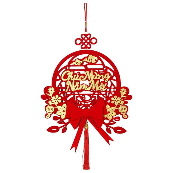 Lunar Year Decoration, 2024 Vietnamese Blessing Tassel Round Hanging Ornament, Premium Flocking Fabric Red Festive Door Sign for Home Mall Decoration
