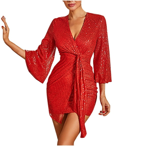 Rvkxad Wedding Dresses for Women Sequin Sparkly Glitter Tie Waist Cocktail Evening Dresses Wrap V Neck Sundress Party Club Short Mini Dress Red S