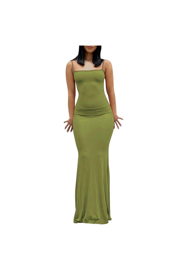 Women Dresses Maxi Bodycon Dress Spaghetti Strap Long Dresses Casual Spring Sleeveless Tight Slip Sexy Slim Fitting Dress Green L