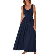 chinese dress ladies Cotton Linen Sun Dresses for Older Women Casual Loose Comfy V Neck Short  Sleeve Linen Maxi Dress Summer Lightweight Gauze Flowy Maxi Dresses Tea  Length Tshirt Dress Beach Vacation Outfits 2025 at main image 1