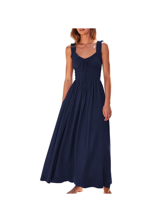 Women Dresses Sleeveless Maxi Sundress Smocked V Neck Flowy Boho Long Dresses Tie Front A-Line Empire Waist Casual Dress Navy S