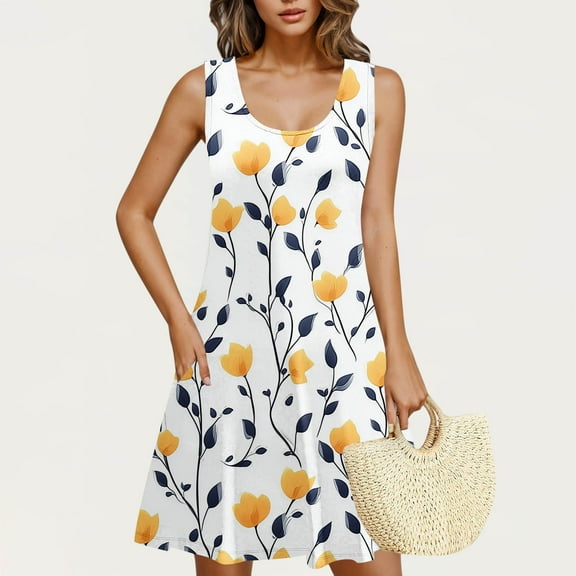 Rvkxad Women Summer Dresses Under $10 Loose Round Neck Dress with Pockets Vacation Beach Floral Sleeveless Swimsuit Cover Ups Hawaiian Sundress Gift for Women L