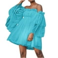 thumbnail image 1 of Rvkxad Women Summer Dresses Under $10 Off Shoulder Strapless Mini Dress Beach Vacation Ruffle Lantern Long Sleeve A-Line Empire Waist Short Dresses Light Blue L, 1 of 5
