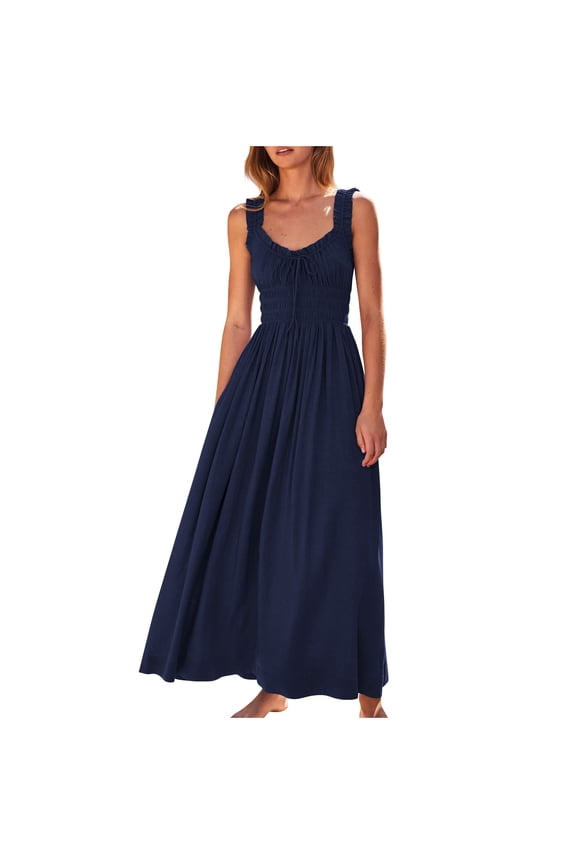 Women Summer Dresses Empire Waist Sleeveless Maxi Tie Front A-Line Dress Summer Smocked V Neck Flowy Boho Long Sundress Navy XL