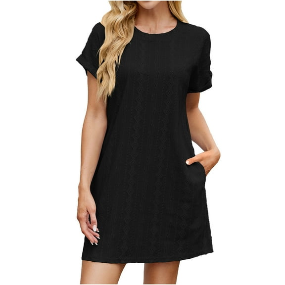 Rvkxad Women Summer Dresses Eyelet Crew Neck Short Sleeve A-Line Dresses Spring Casual Flowy Loose Dress Black