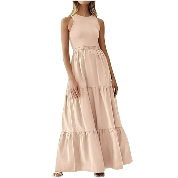 Rvkxad Women Summer Dresses Sleeveless Casual Spring Crew Neck Smocked Elastic Waist Tiered Dress Pleated A Line Flowy Maxi Long Dresses Beige L