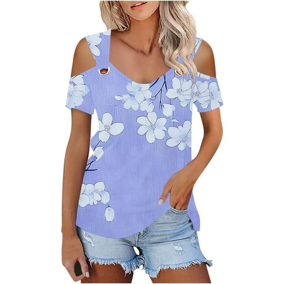 Rvkxad Women Tops Summer Cold Shoulder V Neck Tunic Floral Print Casual Blouses Short Sleeve Loose Flowy Spring Summer T-shirt Tops Gifts for Her Light Blue S