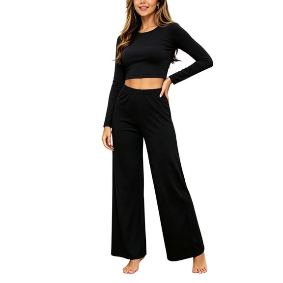 Rvkxad Women Two Piece Pajama Set Long Sleeve Round Neck Stretchy Solid Loungewear Loose Sleepwear Winter Home Casual Set Black L