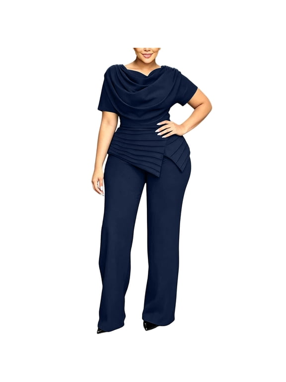 Women Two Piece Set V Neck Short Sleeve Ruched Asymmetric Solid Elegant Party Fitted Trouser Set Plus Size Formal Navy M