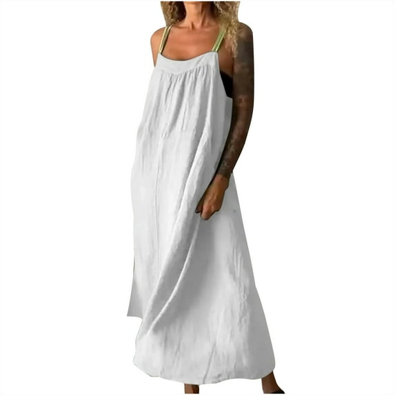 Rvkxad Women's Casual Dresses Under $10 Spaghetti Strap Casual Spring Dresses Flowy Boho Linen Sundress Loose Sleeveless Beach Long Maxi Dress White 4XL