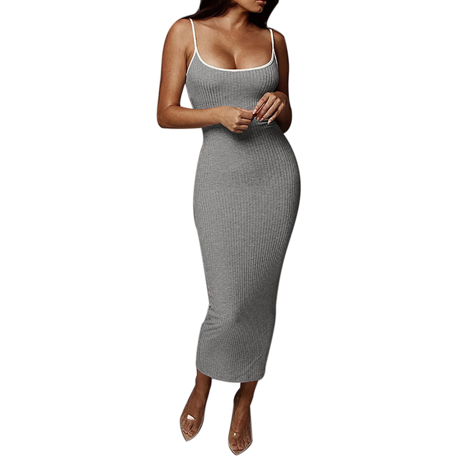 tight fitted bodycon dresses Rvkxad Women's Casual Maxi Dress Slip Slim Fitting Sleeveless Long Dresses Casual Spring Spaghetti Strap Sexy Dress Gray M have for any fashion