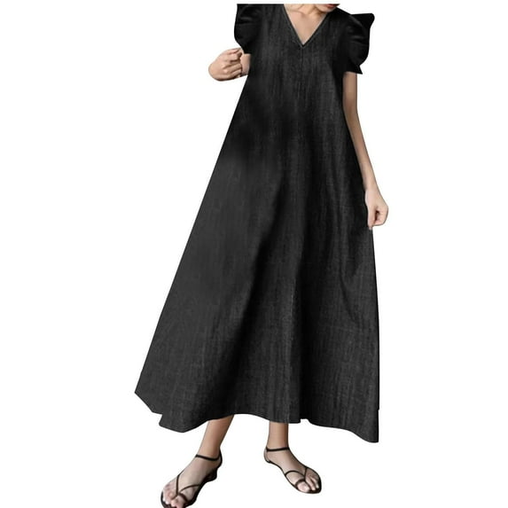Rvkxad Women's Dress Ruffle Sleeve Plus Size Dresses Summer Casual Denim Flowy Boho V Neck Loose A Line Maxi Dress Black 5XL