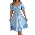 thumbnail image 1 of Rvkxad Women's Dress Square Neck Ruffle Loose Flowy Elastic Waist Dresses Summer Casual Short Lantern Sleeve A-Line Sundresses Light Blue, 1 of 5