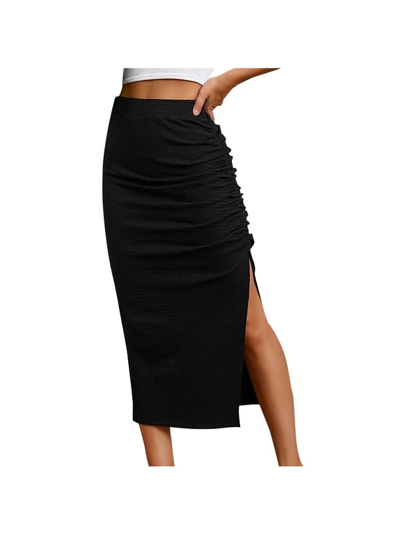 Women's Skirts Sexy Ruched Bodycon Midi Skirt High Waist Elasticity Tight Casual Club Pencil Skirt Black