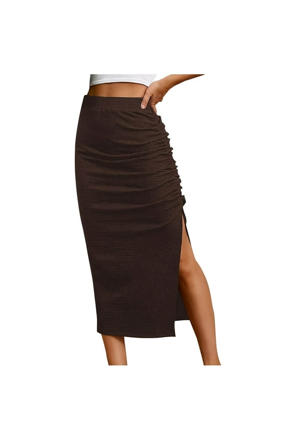 Women's Skirts Sexy Ruched Bodycon Midi Skirt High Waist Elasticity Tight Casual Club Pencil Skirt Coffee