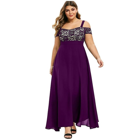 Rvkxad Women's Summer Dresses Under $10 Plus Size Formal A-Line Floral Lace Cold Shoulder Maxi Dresses Wedding Guest Elegant Flowy Short Sleeve Long Dress Purple 3XL