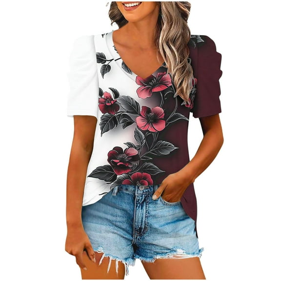 Rvkxad Women's Summer Tops Under $5 V Neck Puff Short Sleeve Blouses Fashion Casual Smocked Elegant Tunic Floral Print Shirts Womens Gifts S