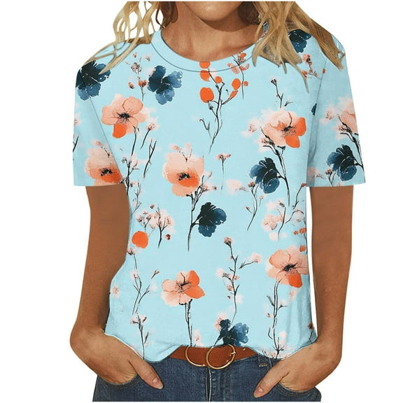 Rvkxad Women's Summer Tops Short Sleeve Basic Business Tees Shirts Summer Floral Print O Neck T-shirt Loose Summer Fashion Tunic Gifts for Women Yellow XXL
