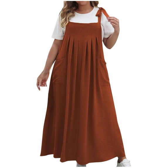 Rvkxad Womens Dress Under $10 Spaghetti Strap Square Neck Long Dress Vacation Beach Plus Size Flowy Pleated Sleeveless Dresses with Pockets Brown XL