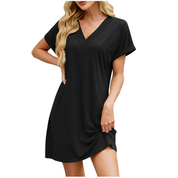 Rvkxad Womens Dress Under $10 Short Sleeve Boho V Neck Solid Dresses Party Beach Flowy A Line Loose Sundress Black