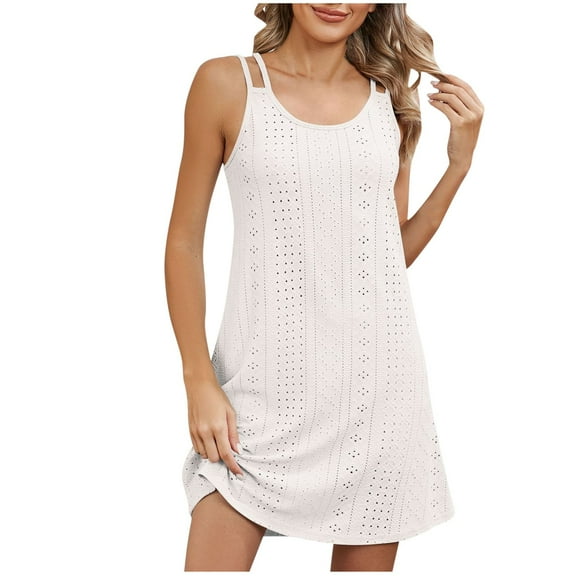 Rvkxad Womens Dresses Summer Under $10 Beach Cover Ups Eyelet Embroidery Sundresses Loose Round Neck Beach Vacation Dresses A Line Flowy Tank Sleeveless Dress Women Gifts White S
