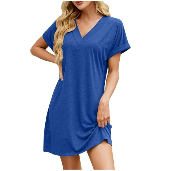 Rvkxad Womens Dresses Summer Short Sleeve Solid Sundress Casual Spring Boho V Neck Flowy A Line Loose Dress Blue