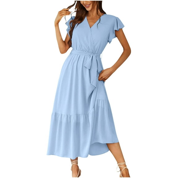 Rvkxad Womens Dresses Summer Wrap V Neck Party Beach Sundress Ruffle Short Sleeve Tie Waist A Line Flowy Tiered Boho Beach Dress Light Blue L
