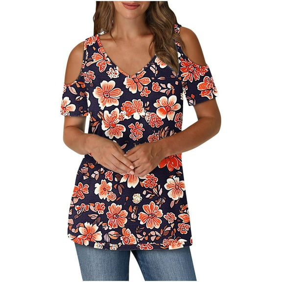 Rvkxad Womens Loose Summer Tops Loose Casual Short Sleeve Cold Shoulder Tunic Trendy Summer Floral Print V Neck T-shirt Dressy Tops Birthday Gifts for Her Hot Pink XXL