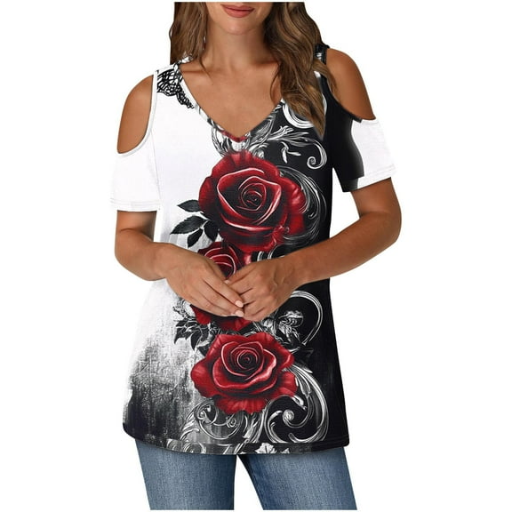Rvkxad Womens Loose Summer Tops Loose Casual V Neck Cold Shoulder T-shirt Floral Print Spring Summer Short Sleeve Shirts Tunic Gifts for Older Women Wine M