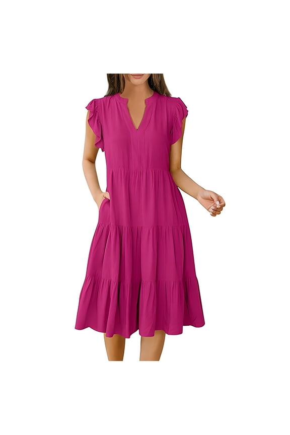 Womens Summer Dress Boho Solid Dress Loose Flowy Tiered Dresses Ruffle Sleeve V Neck Smocked A-Line Midi Casual Summer Sundress Red L