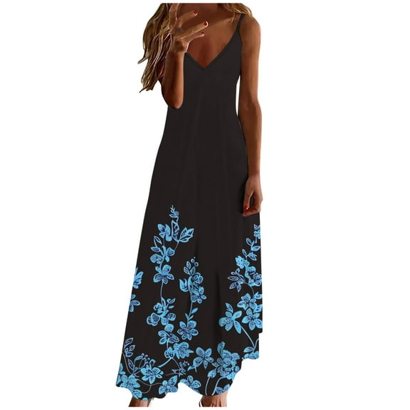 Rvkxad Womens Summer Dress Loose Sleeveless Spaghetti Strap Floral Dress V Neck Flowy Boho A Line Beach Maxi Long Summer Dresses Black XL