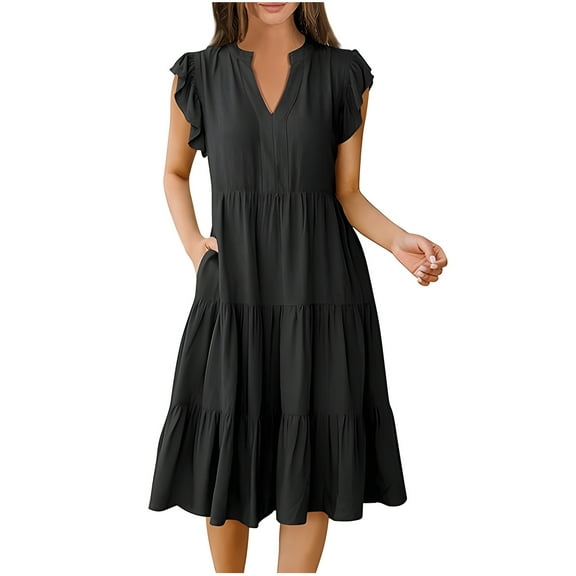 Rvkxad Womens Summer Dress Ruffle Sleeve V Neck Casual Spring Boho Solid Loose Flowy Tiered Sundress Smocked A-Line Midi Dress Black XL