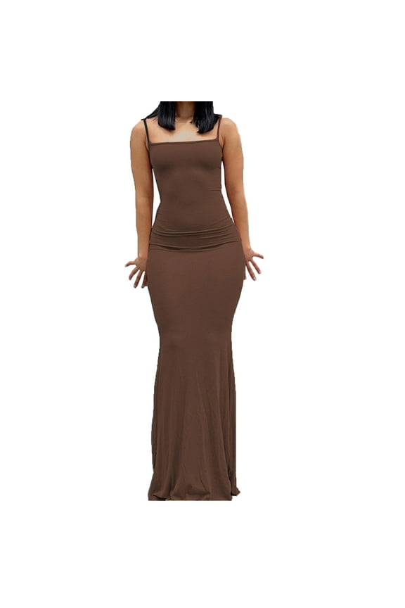 Womens Summer Dresses Casual Maxi Bodycon Dress Sleeveless Spaghetti Strap Sexy Dress Club Party Slim Fitting Tight Slip Long Dresses Coffee S