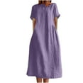 thumbnail image 1 of Rvkxad Womens Summer Dresses Under $10 Cotton Linen A-Line Loose Flowy Round Neck Dresses with Pockets Summer Casual Short Sleeve Solid Color Maxi Dress Purple XXL, 1 of 5
