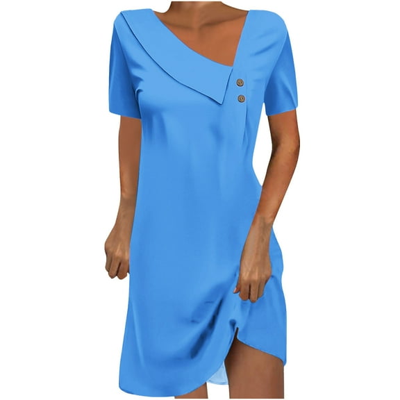 Rvkxad Womens Summer Dresses Under $10 A-Line V Neck Tunic Dress Vacation Loose Flowy Solid Color Buttons Short Sleeve Sundresses Blue